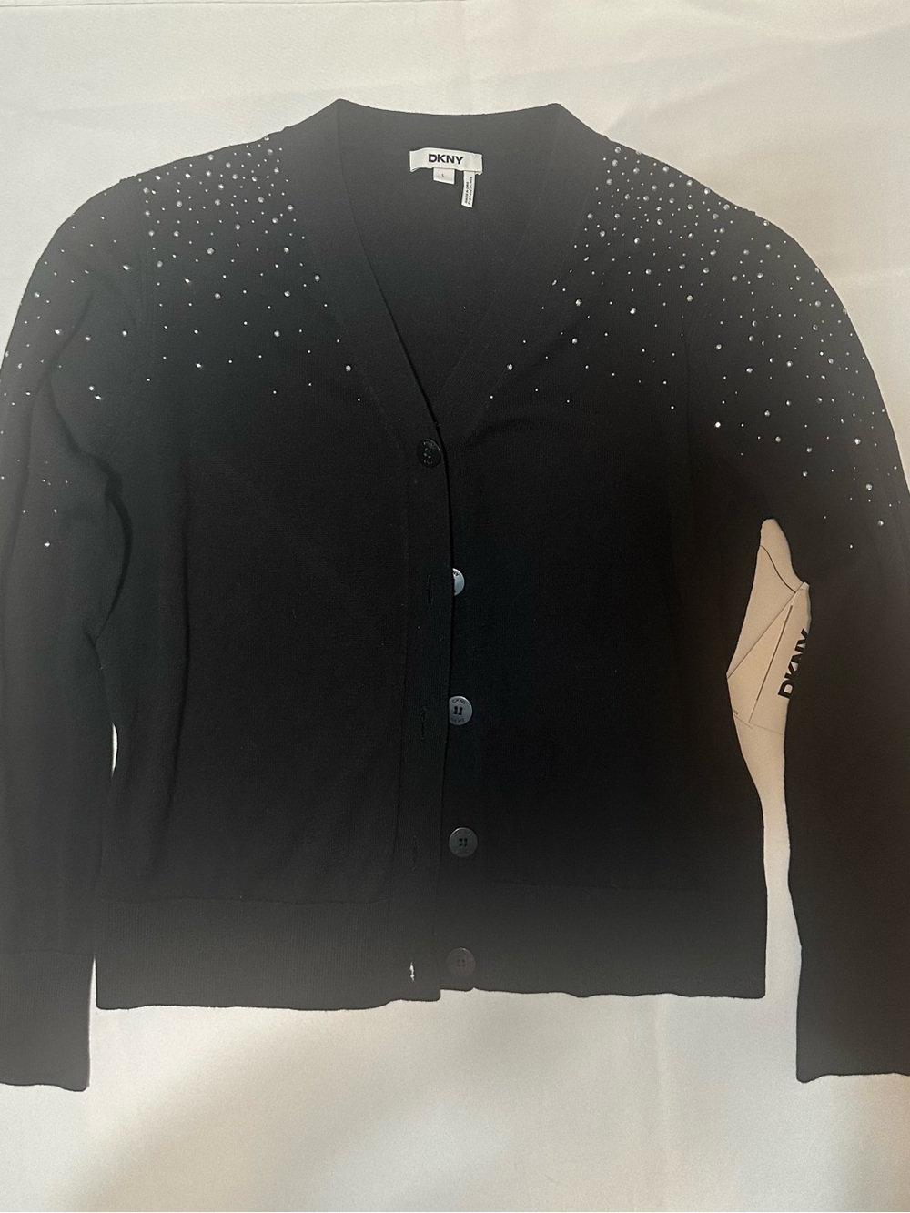 DKNY Black Crystal-Accent V-Neck Button Cardigan Size L